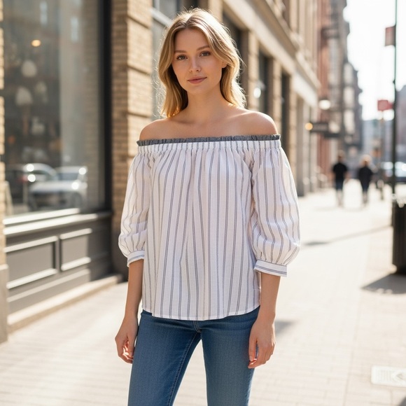 Blushing Heart Tops - Blushing Heart Striped Off Shoulder Top
New